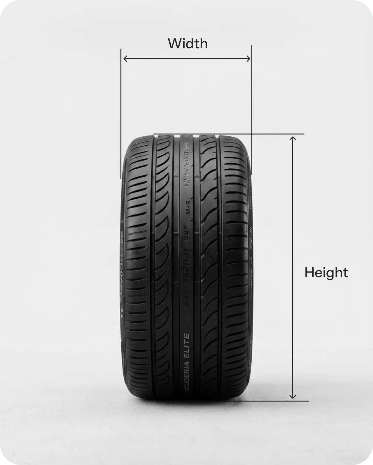 Tire seen head-on with arrows marking its width and height